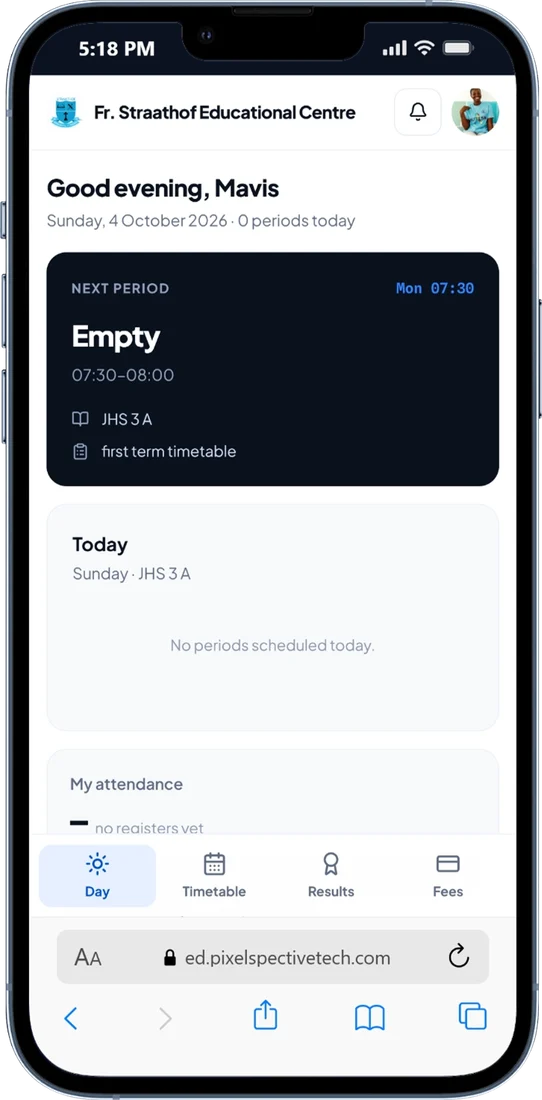 EduControl day view screen on a phone: Next period, today's classes and attendance.
