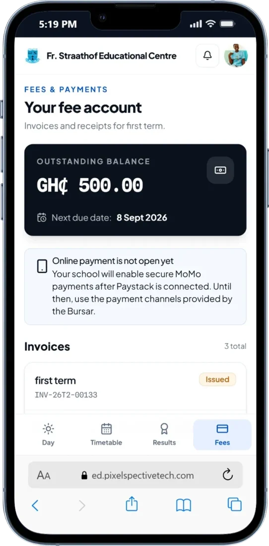 EduControl fees screen on a phone: Outstanding balance, due dates and every invoice.